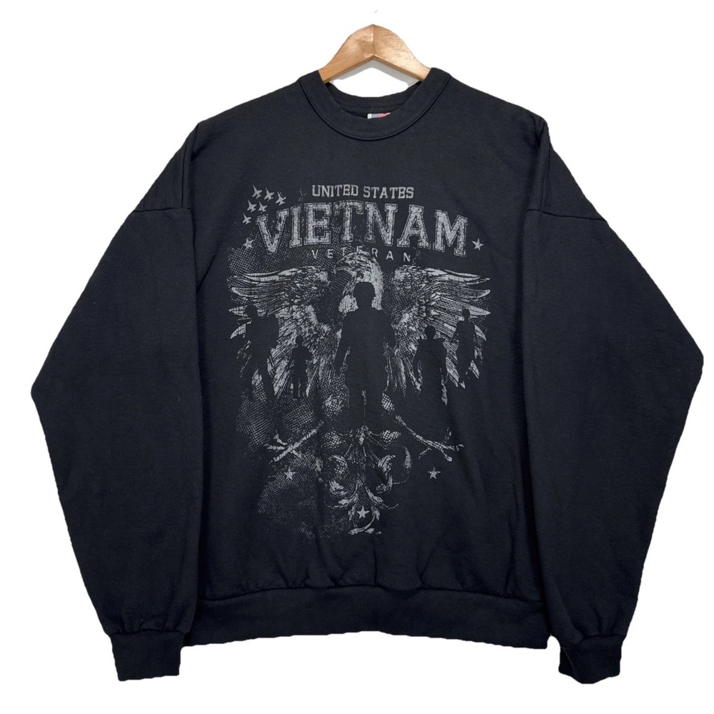 VTG Y2K US Vietnam Veteran Graphic Sweatshirt‎ Mens L Black Made in USA Fleece